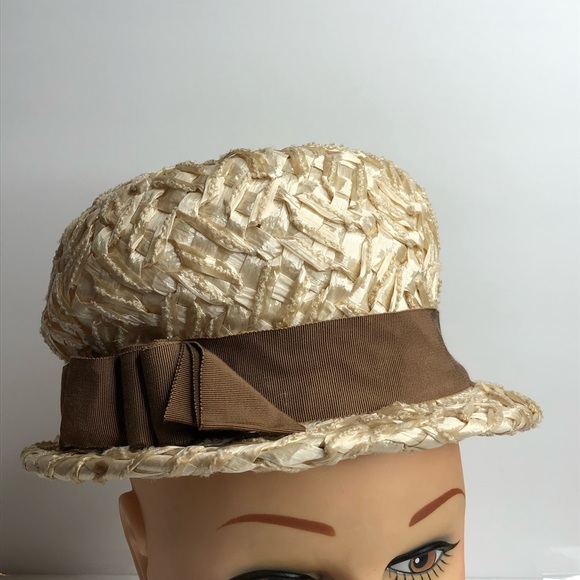 Vintage Retro Women’s Hat Cream Woven Brown Ribbon - Picture 1 of 8